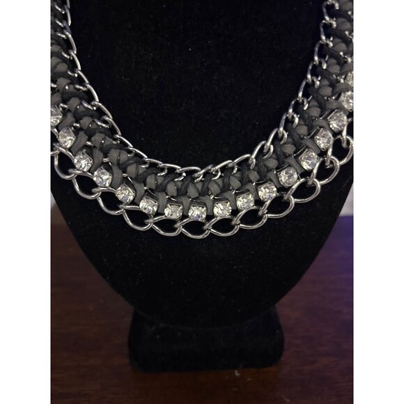 Chunky Silver Chain Necklace With Rhinestone & Black Suede Detailing - Picture 2 of 8